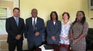 (L-R) Senior Director of Product Development of The Nature Conservancy Robert Weary, Premier of Nevis Hon. Vance Amory, Country Coordinator Janice Hodge, The Nature Conservancy’s Programme Director for the Eastern Caribbean Ruth Blyther and Programme Manager for the Eastern Caribbean Dr. Shirley Constantine at the Nevis Island Administration’s Cabinet Room at Bath Hotel on June 11, 2015